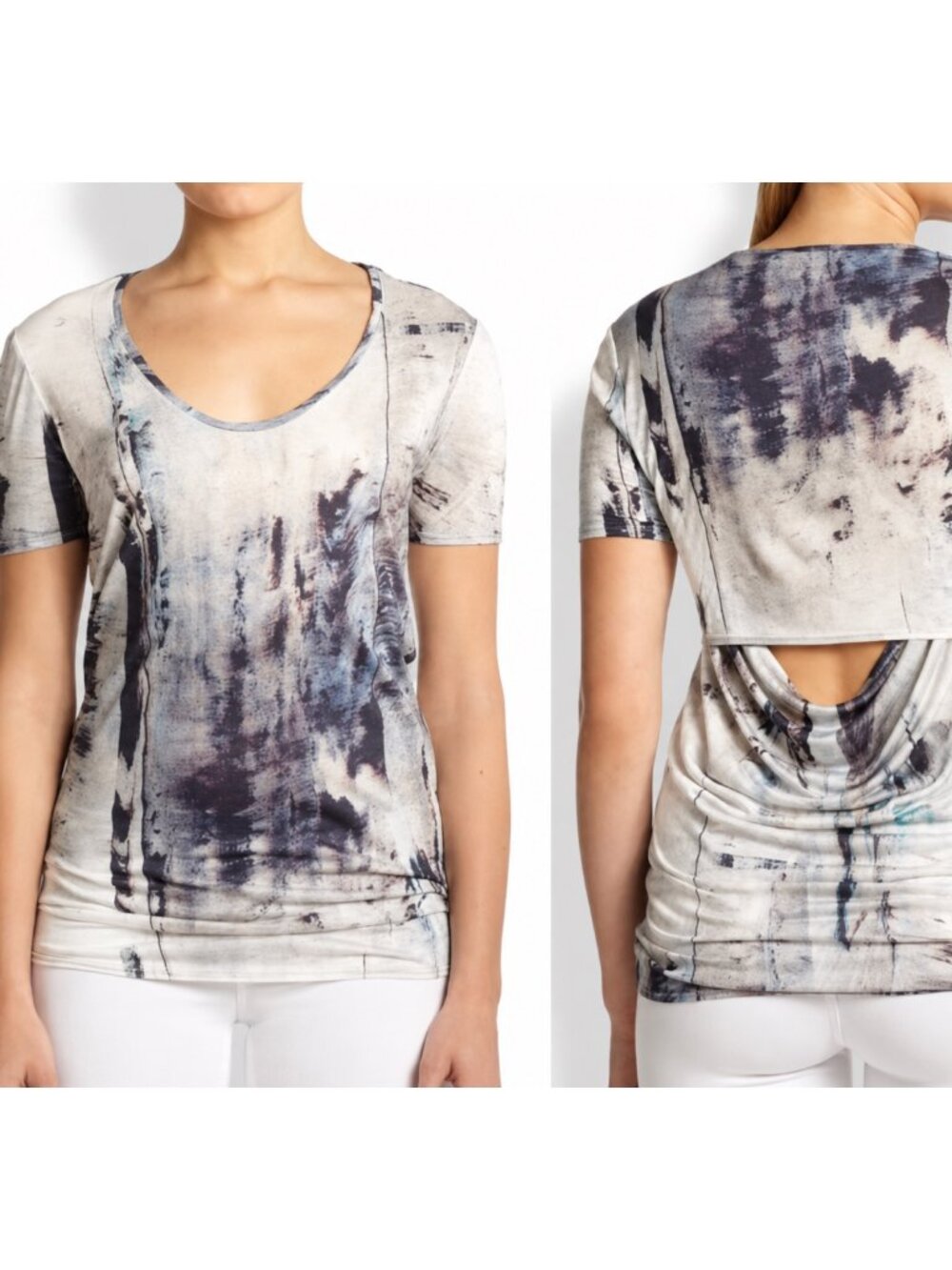 Helmut Lang Abstract Print Open Back Draped Top P Blue Gray Y2K